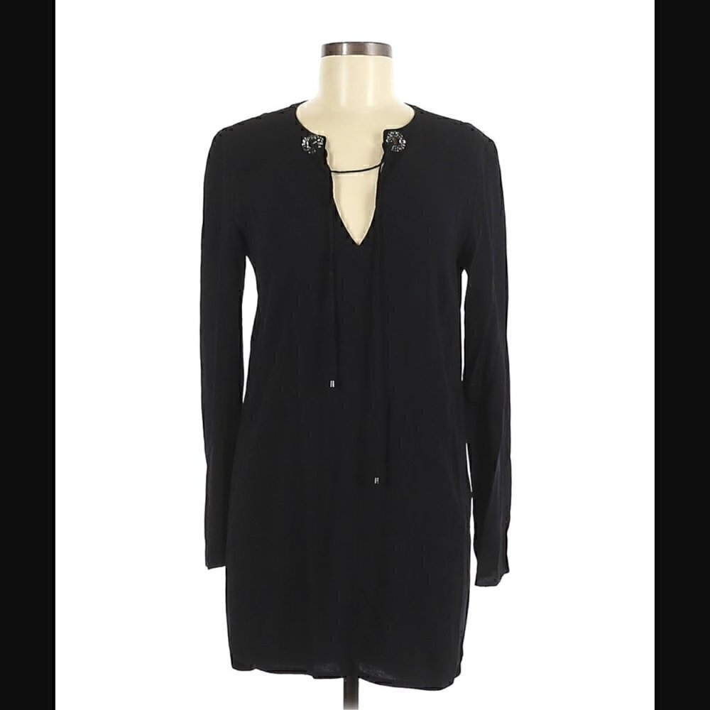 Sandro Paris Mini Dress US 4-6 FR 2 Rhinestone Rounded Hem Black Pullover Luxury